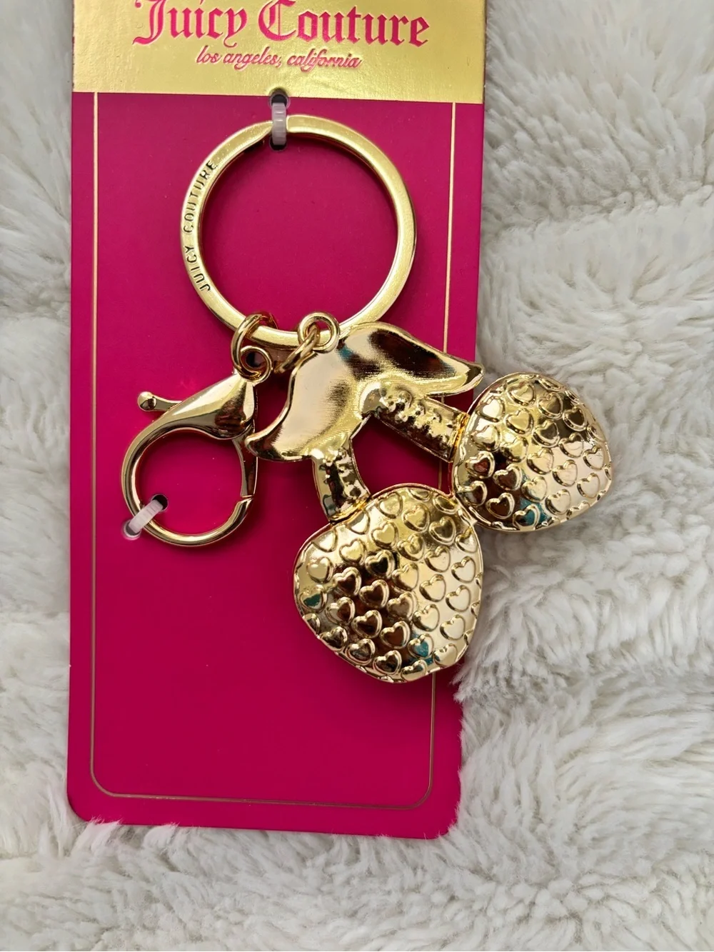 Juicy Couture Red Crystal Cherry Bag Charm Key Ring with Green Enamel Leaves